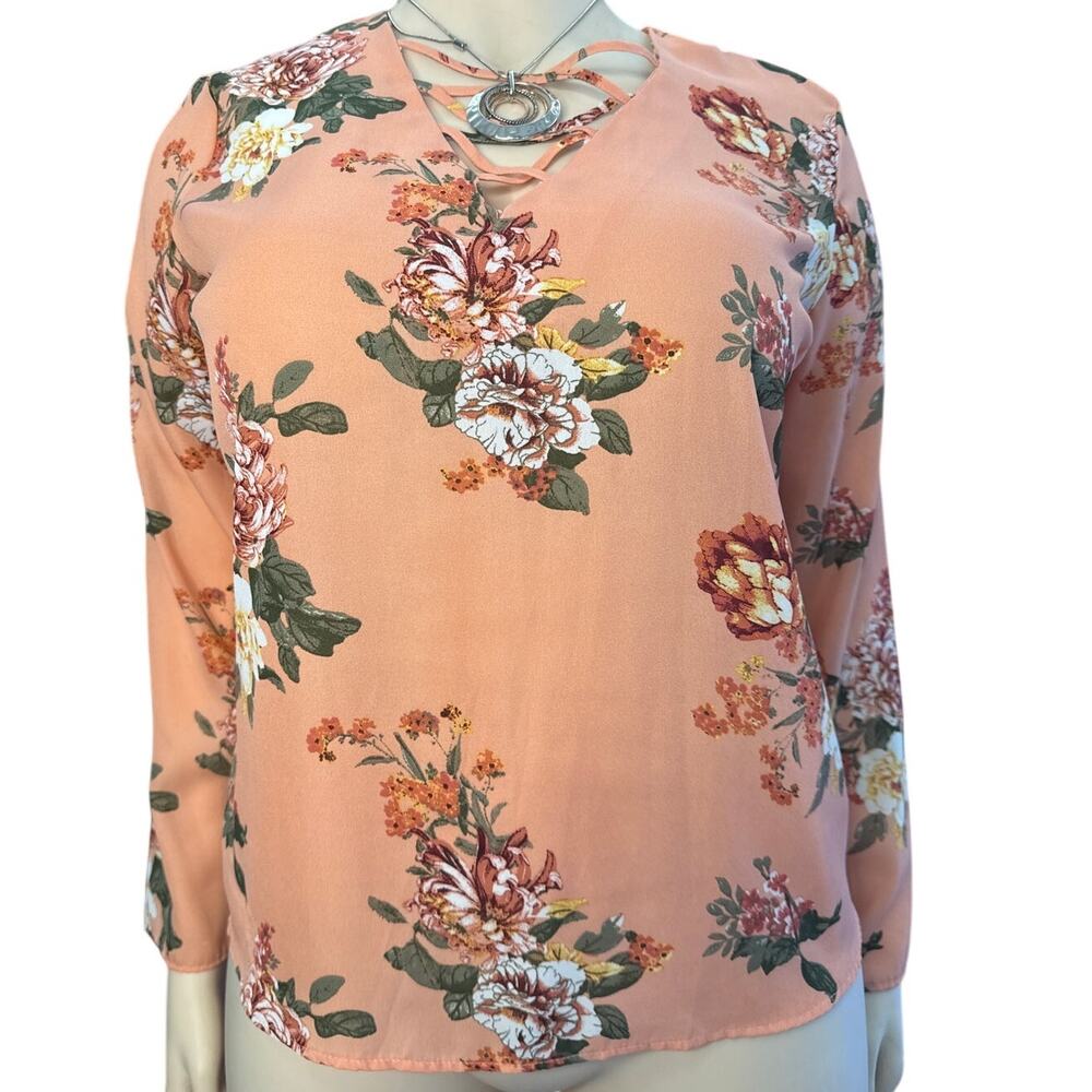Rue + Criss-Cross Neckline  Long Sleeve Blouse Size 1X in Peach Floral